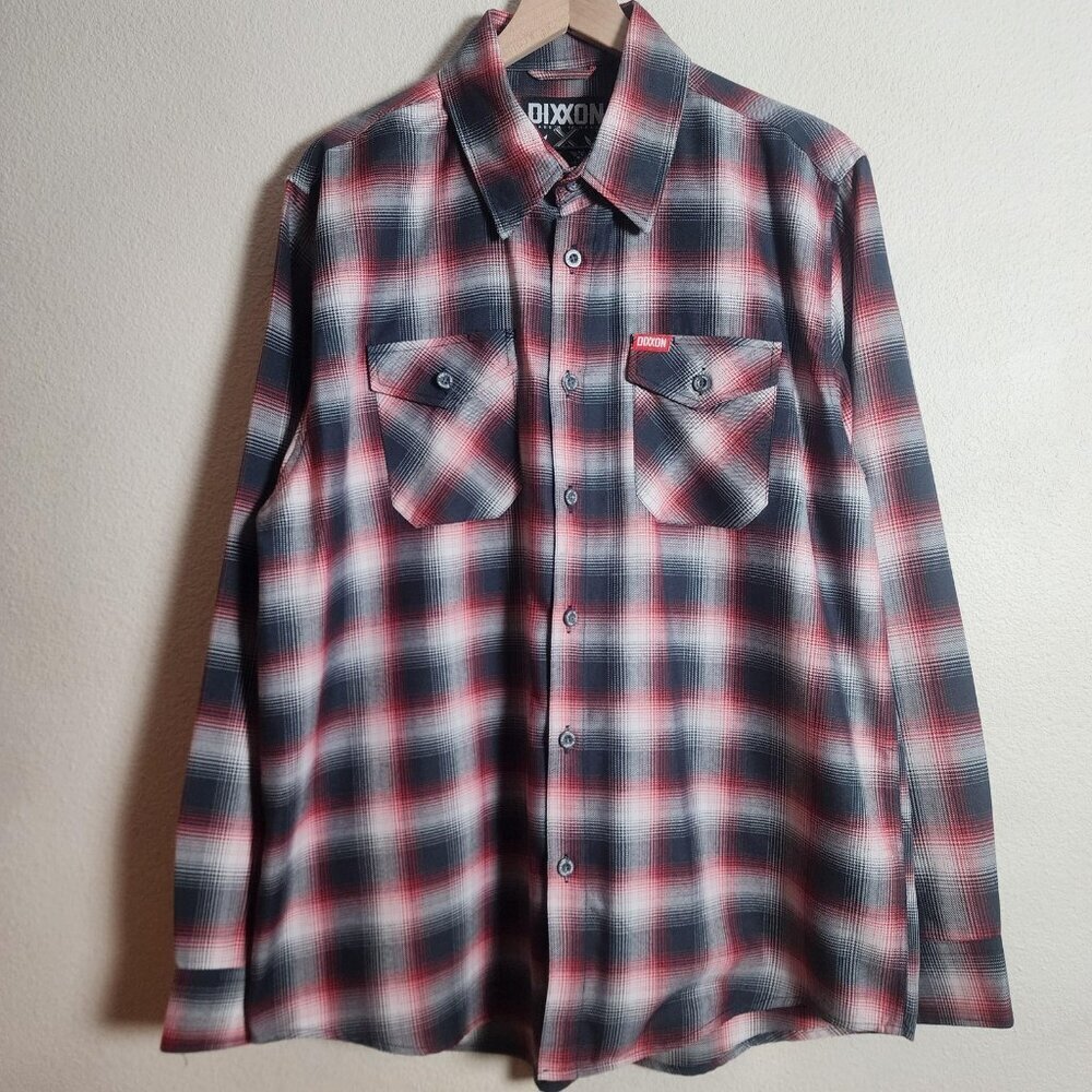 DIXXON Flannel Shirt Mens Extra Large Red Black Equalizer Plaid Long Sleeve